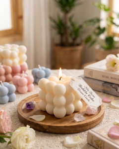 : Nến thơm Bubble Cube Dream Candle làm từ sáp đậu nành, sáp ong và tinh dầu thiên nhiên với thiết kế khối bong bóng hiện đại.